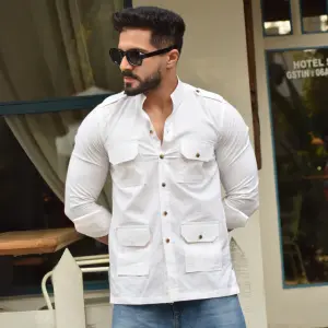 White Cotton Self-Print Hunting Style Shirt | Premium Men's Sportswear | Classic Outdoor Design | Comfortable Cotton Fabric | Size 36-44
